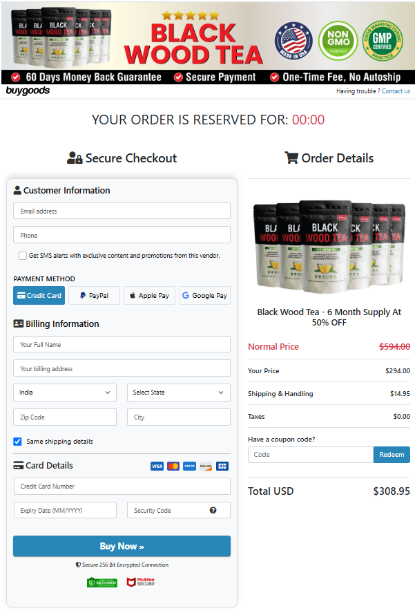 Black Wood Tea Order Page